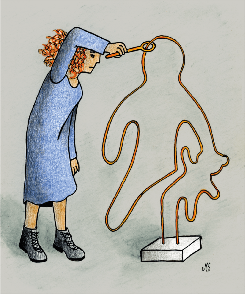 De zorgverlener legt behoedzaam de weg af langs de bibberspiraal, net als kinderen doen bij het gelijknamige spel. Deze illustratie is gemaakt bij een artikel in een vakblad voor hulpverleners in de jeugdzorg. Dit artikel gaat over de wens van zorgverleners om meer kindgericht te werk te mogen gaan. En visualiseert het feit dat zij (nu nog) erg vastzitten aan regels en protollen.