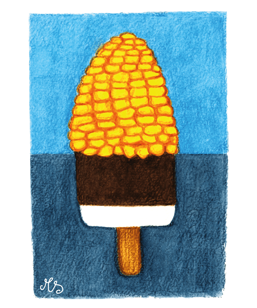 Illustratie bij een artikel voor gemeenteambtenaren, over het zichtbaar maken van gezond eten in het straatbeeld. De visualisatie van een gepofte maiskolf als alternatief voor een chocolade-ijsje, zou ook een goede illustratie kunnen zijn op campagneposters in een binnenstad. We zien een serie voor ons!