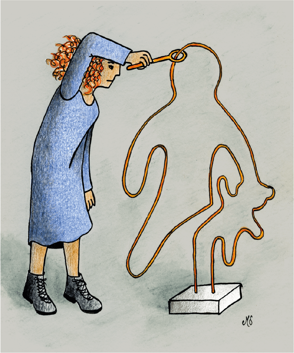 Deze illustratie toont een bibberspiraal in de vorm van een kind met een beer. De zorgverlener legt behoedzaam de weg af langs deze spiraal, met een stokje met een oogje eraan. Net als bij het kinderspel. Deze illustratie visualiseert de behoefte van zorgverleners in de jeugdzorg, om minder afhankelijk te zijn van regels en protocollen en meer kindgericht te werk te kunnen gaan.