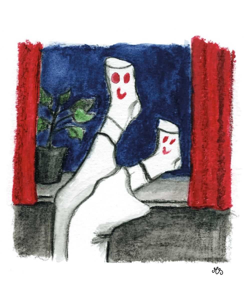 Deze illustratie toont een paar omhogwijzende benen, met voeten in sokken waar gezichtjes op getekend zijn. Doordat deze voeten tussen twee rode gordijnen te zien zijn, is het een subtiele verwijzing naar een poppenkast. Het woord poppenkast was de oplossing van een kruiswoordpuzzel, waarbij deze illustratie afgebeeld stond.