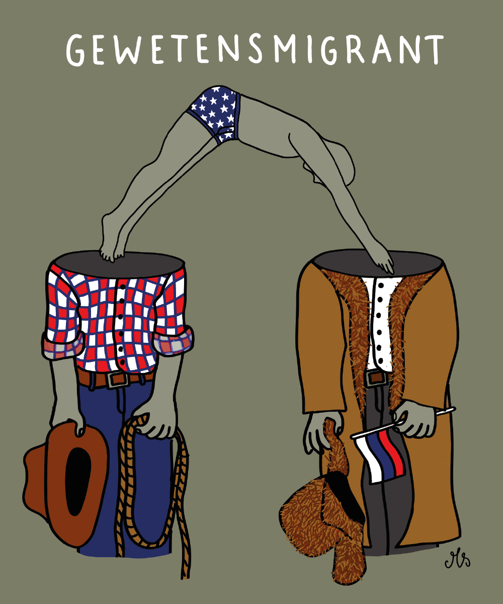 Een gewetensmigrant is een migrant die naar een ander land verhuist omdat hij morele bezwaren heeft tegen de ideologische opvattingen van zijn eigen regering. Gewetensmigrant was in 2024 een 'woord van de week' op de website van het Instituut voor de Nederlandse taal. Tweeënhalf jaar lang tekenden we iedere week een visualisatie bij deze woorden.